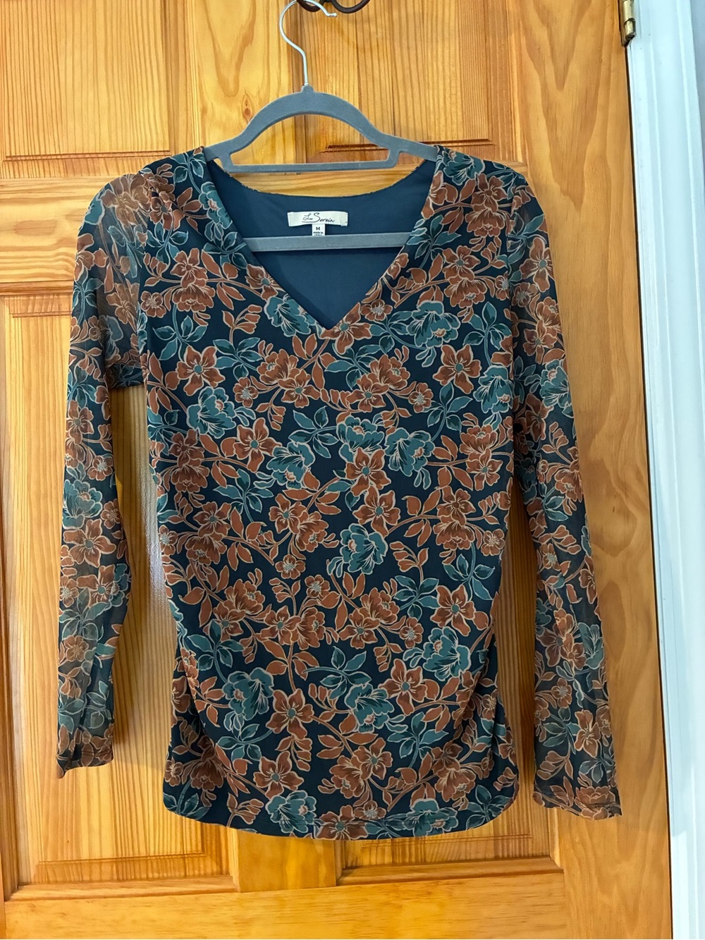 Les Serein Teal & Rust Floral V-Neck Long Sleeve Top